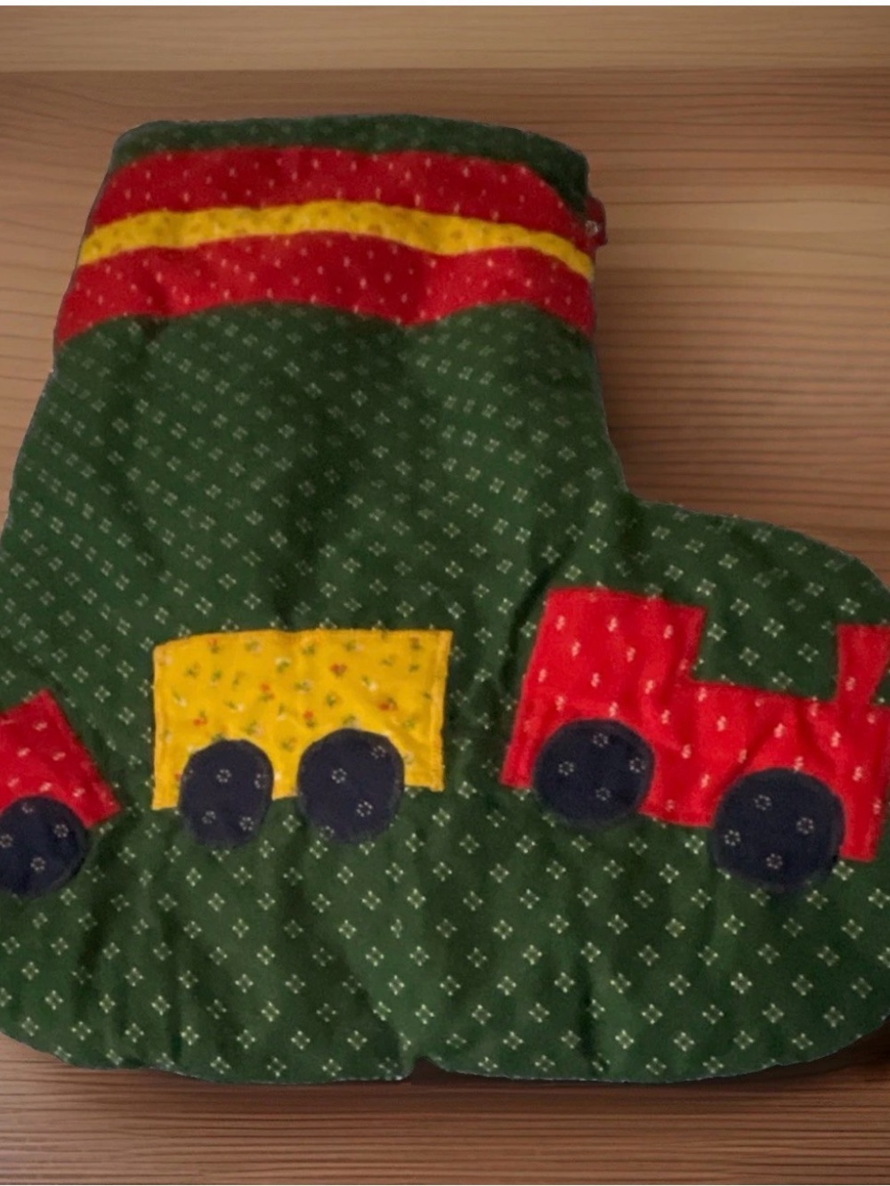 Vtg Quilted Christmas Stocking Handmade Calico Train Locomotive Patchwork Green